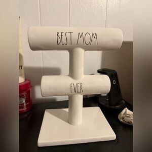 White Rae Dunn Jewelry Stand with 'Best Mom Ever' Text